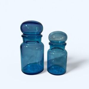 2 Vintage Blue Glass Contiainer Apothecary Bottle Jar Set-MCM Belgium Bubble Top